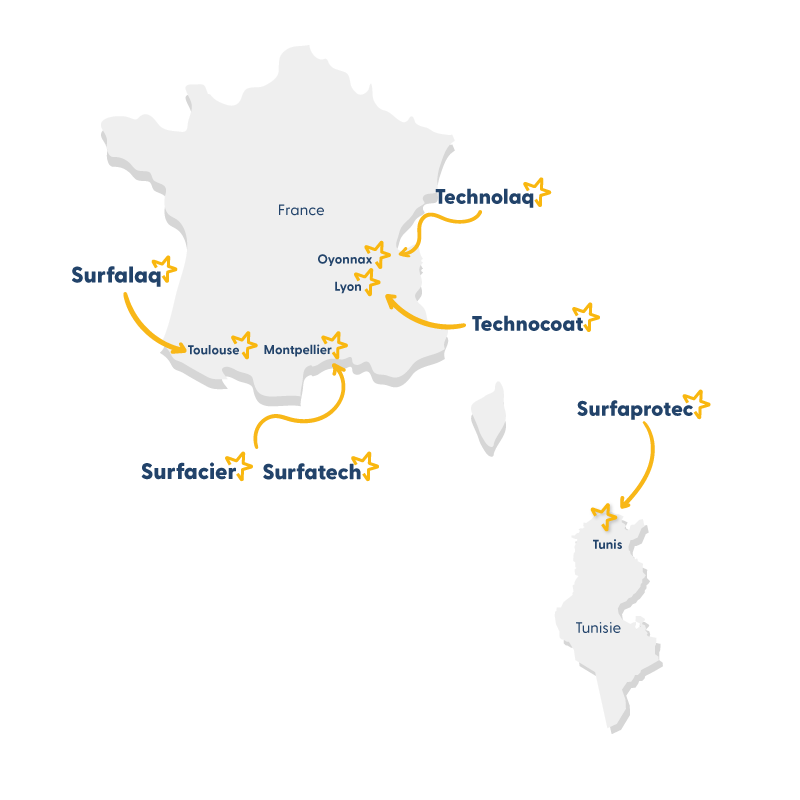 Carte des six sites de production du Groupe Optitec, répartis en France (Occitanie, Rhône-Alpes) et en Tunisie.