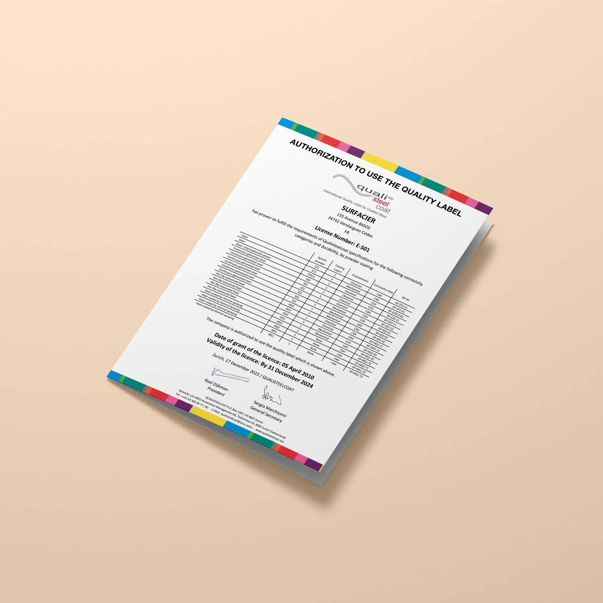 Certification QUALISTEELCOAT Surfacier et Technocoat
